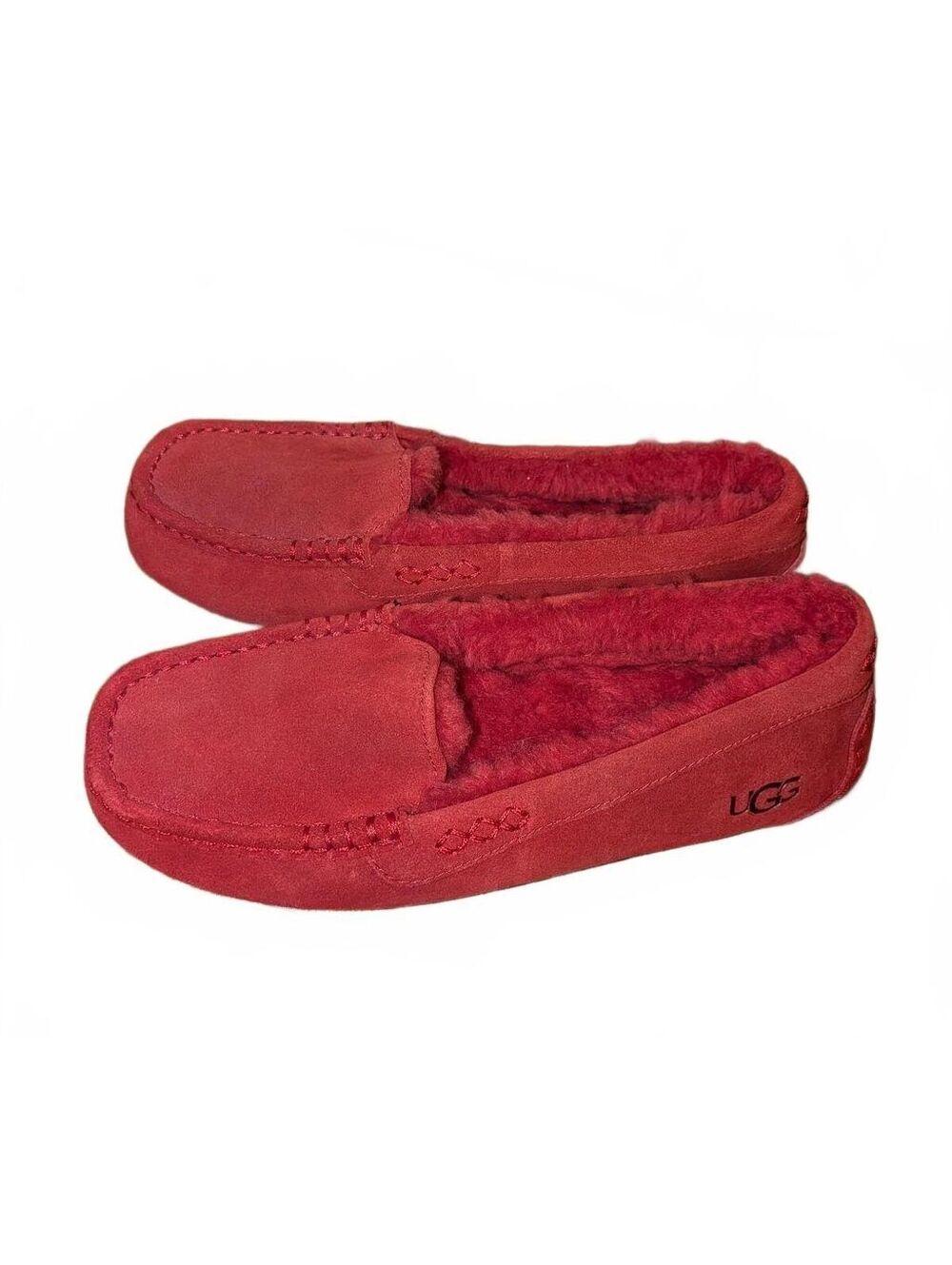 New UGG Women's 9 Wide Ansley Red Suede Moccasin Slippers with Sheepskin Lining